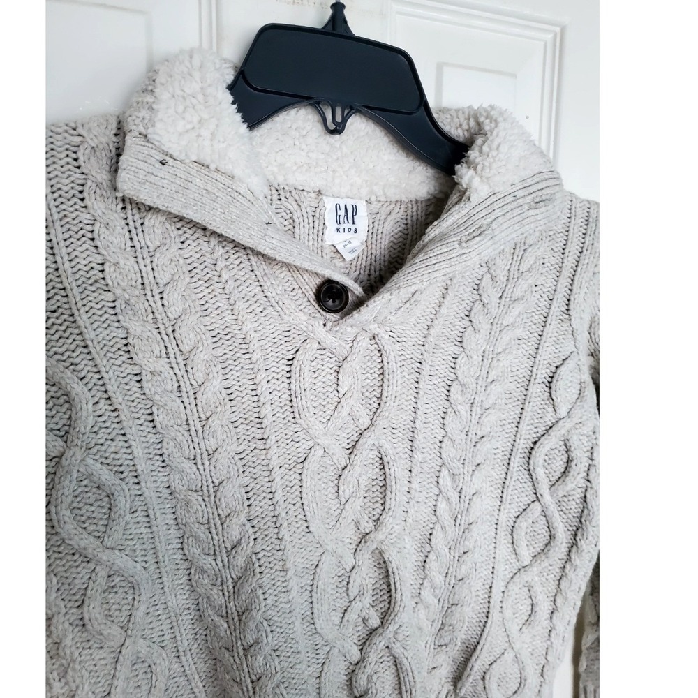Gap Kids Wool Blend Sweater Oatmeal Cable Knit Sherpa Lined Collar Pullover Sm